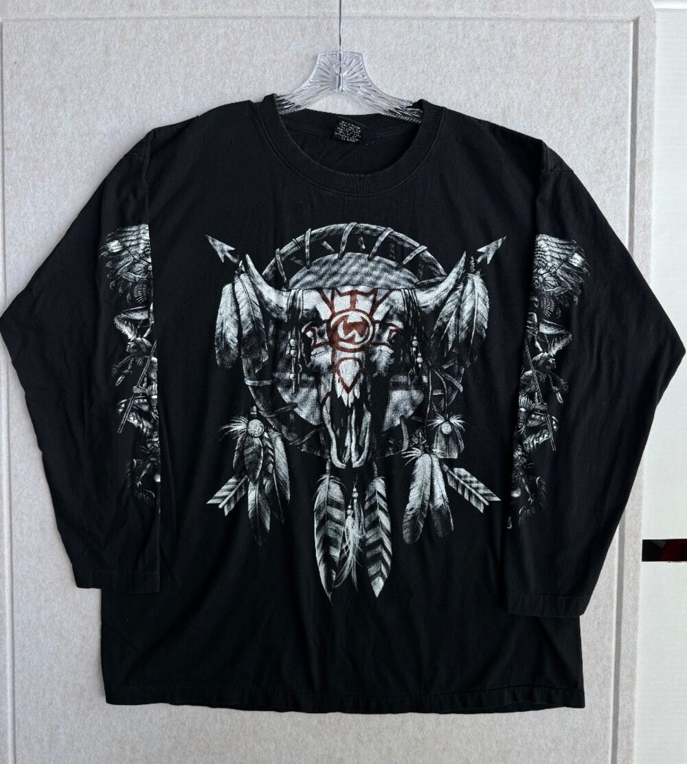 Rock Eagle Native American Bull Skull Feathers Long Sleeve T-Shirt Black XXL